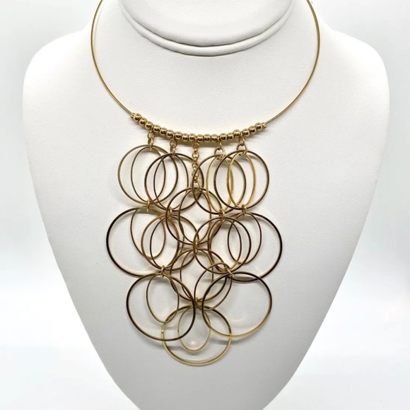 Bohemian BoHo Disco Dressy Gold Tone Chain Link Circle Loop Bib Choker Necklace - Picture 3 of 14